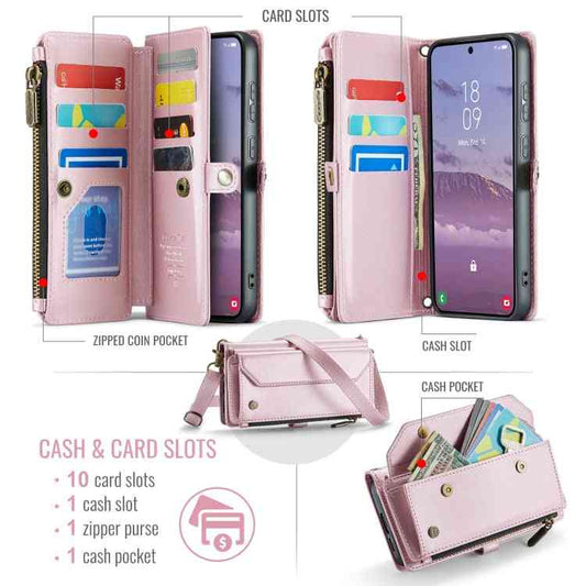 CaseMe C36 Kartenfächer Reißverschluss Geldbörse RFID Anti-Diebstahl Leder Handyhülle, For Galaxy S24 FE 5G