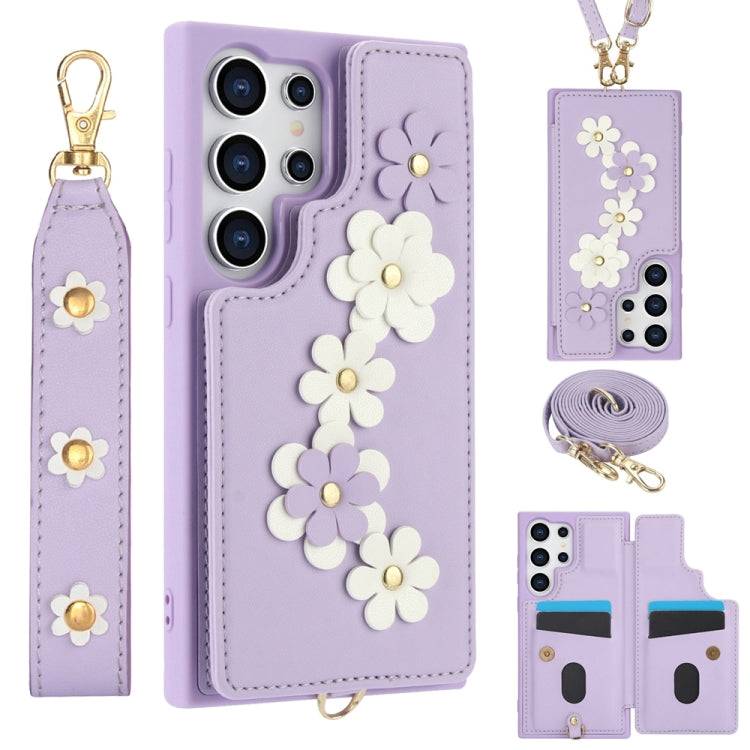 Crossbody-Handyhülle aus Leder mit Blumenmuster, For Samsung Galaxy S25 Edge 5G, For Samsung Galaxy S25+ 5G, For Samsung Galaxy S25 Ultra 5G, For Samsung Galaxy S24 Ultra 5G