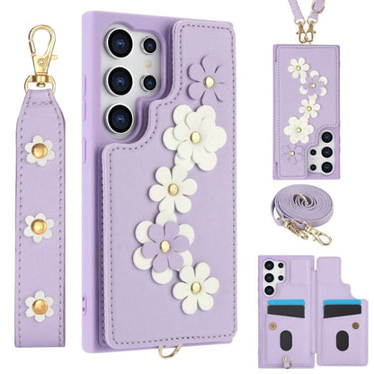 Crossbody-Handyhülle aus Leder mit Blumenmuster, For Samsung Galaxy S25 Edge 5G, For Samsung Galaxy S25+ 5G, For Samsung Galaxy S25 Ultra 5G, For Samsung Galaxy S24 Ultra 5G