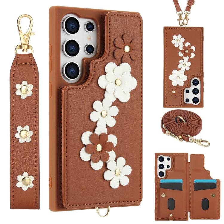 Crossbody-Handyhülle aus Leder mit Blumenmuster, For Samsung Galaxy S25 Edge 5G, For Samsung Galaxy S25+ 5G, For Samsung Galaxy S25 Ultra 5G, For Samsung Galaxy S24 Ultra 5G