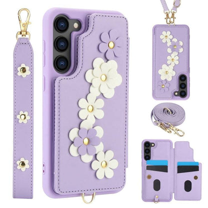 Crossbody-Handyhülle aus Leder mit Blumenmuster, For Samsung Galaxy S25 Edge 5G, For Samsung Galaxy S25+ 5G, For Samsung Galaxy S25 Ultra 5G, For Samsung Galaxy S24 Ultra 5G